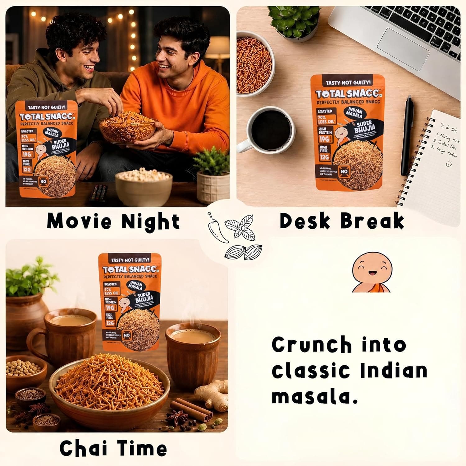 TOTAL SNACC Roasted Protein Bhujia Indian Masala 250g | Protein 19g, Fibre 12g per 100g | 70% Less Oil | No Palm Oil | Bhujiya Mixture Namkeen Snacks | Baked Snacks Healthy | Low GI — image 9