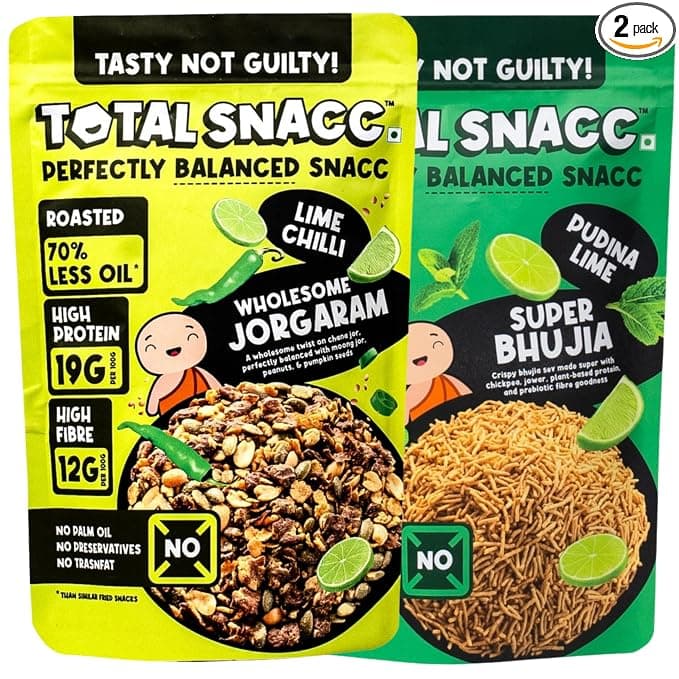 TOTAL SNACC Tangy Lime Combo (125g x 2 Packs) | High Protein 19g | High Fibre 12g | Roasted Not Fried | 70% Less Oil | No Palm Oil | Lime Pudina Super bhujia & Lime Chilli Wholesome Jorgaram | Baked Namkeen | Baked Bhujia | Healthy Snacks | Millet Snacks | No Preservatives | Zero Cholestrol | Diabetic Friendly