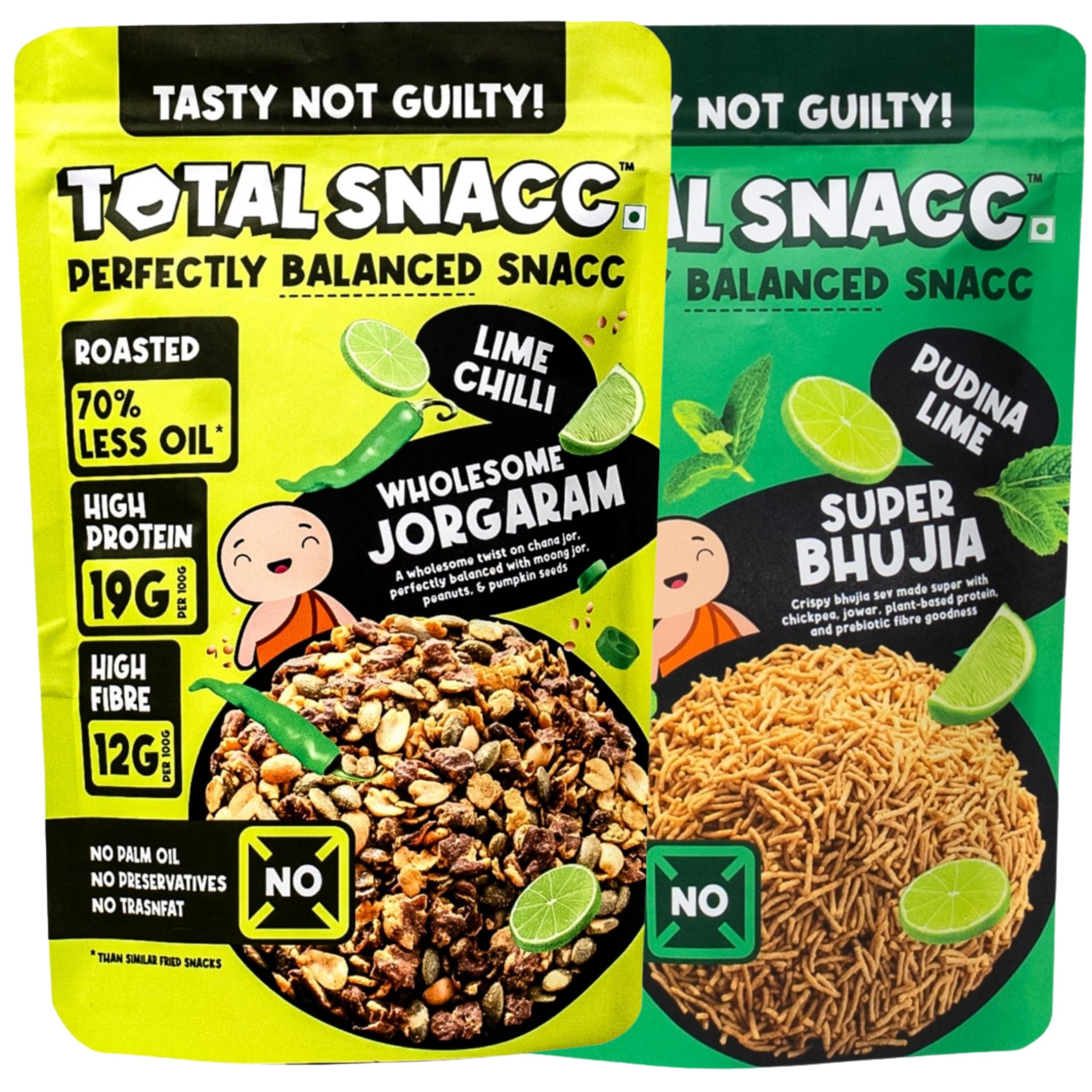 TOTAL SNACC Tangy Lime Combo (125g x 2 Packs) | High Protein 19g | High Fibre 12g | Roasted Not Fried | 70% Less Oil | No Palm Oil | Lime Pudina Super bhujia & Lime Chilli Wholesome Jorgaram | Baked Namkeen | Baked Bhujia | Healthy Snacks | Millet Snacks | No Preservatives | Zero Cholestrol | Diabetic Friendly — image 2