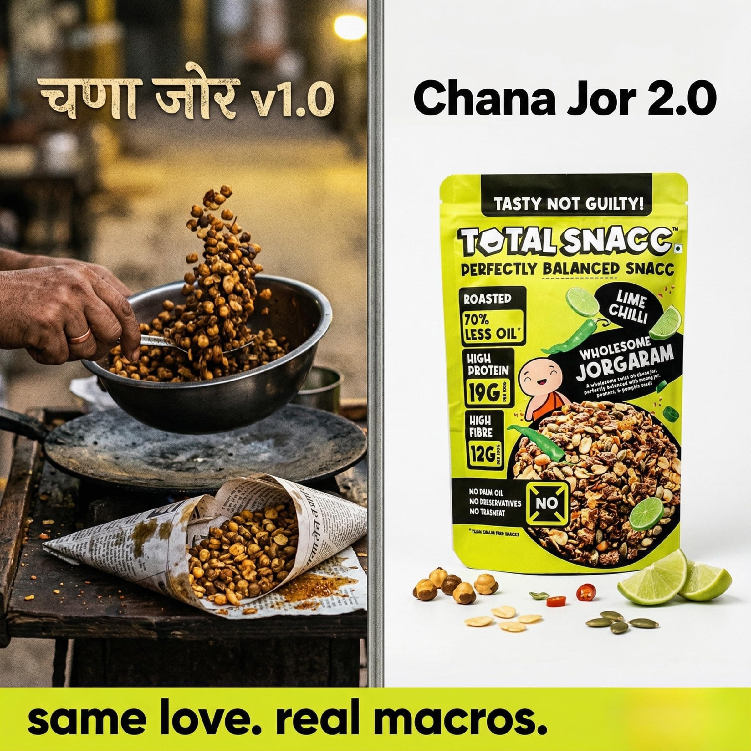 TOTAL SNACC Wholesome Jorgaram Lime Chilli (125g x 2) | High Protein 19g | High Fibre 12g | Roasted Not Fried | 70% Less Oil | No Palm Oil | High Protein Snacks | Baked Namkeen Mix | Healthy Snacks | No Preservatives | Diabetic Friendly | a mix of chana jor, moong jor, peanuts, & pumpkin seeds — image 4