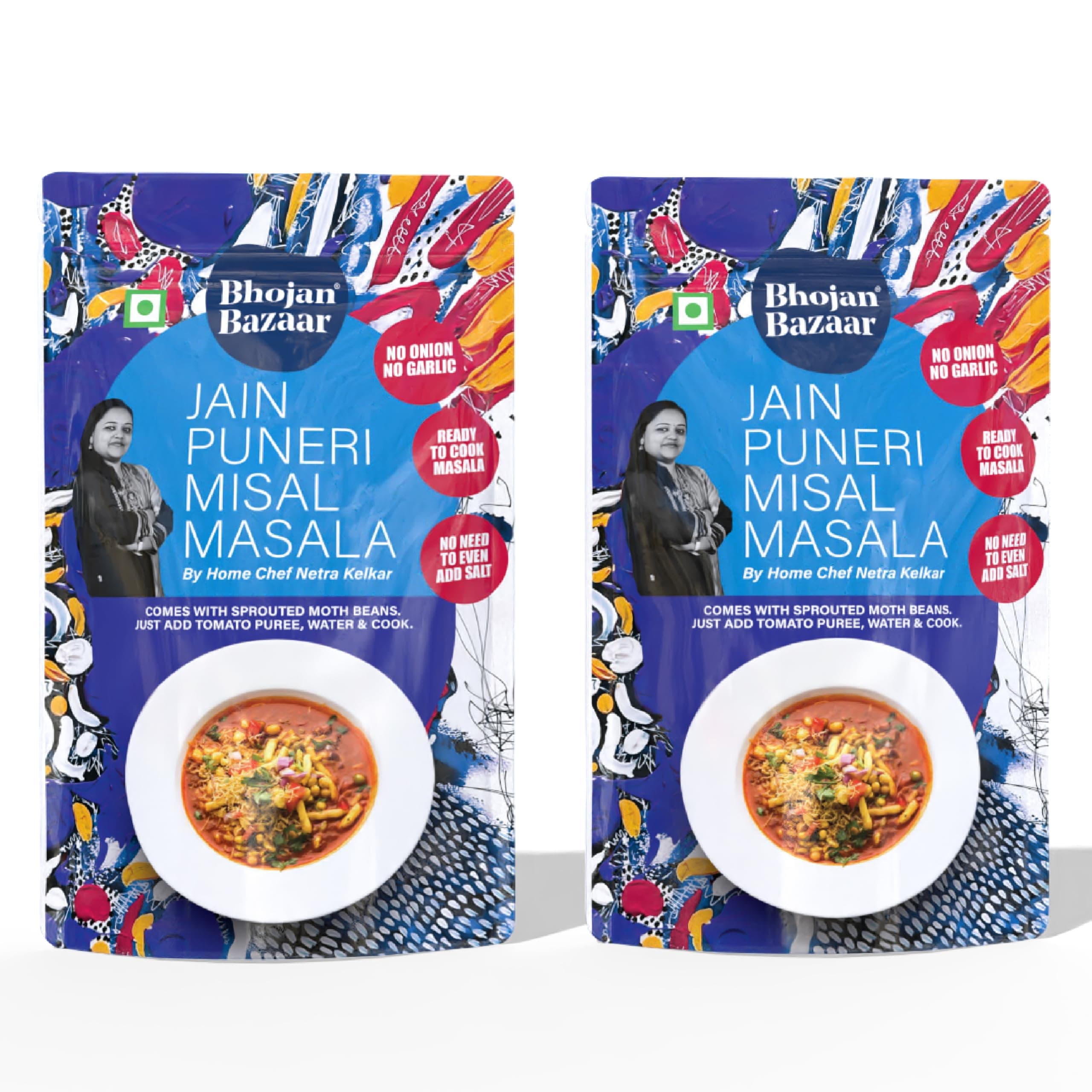 Bhojan Bazaar Jain Puneri Misal Masala - Pack of 2, 70 g Each | No Onion No Garlic Ready To Cook in 10 min | Serves 4 | Authentic Puneri Taste Jain Masala with Sprouted Moth Beans | No Added Preservatives — image 2