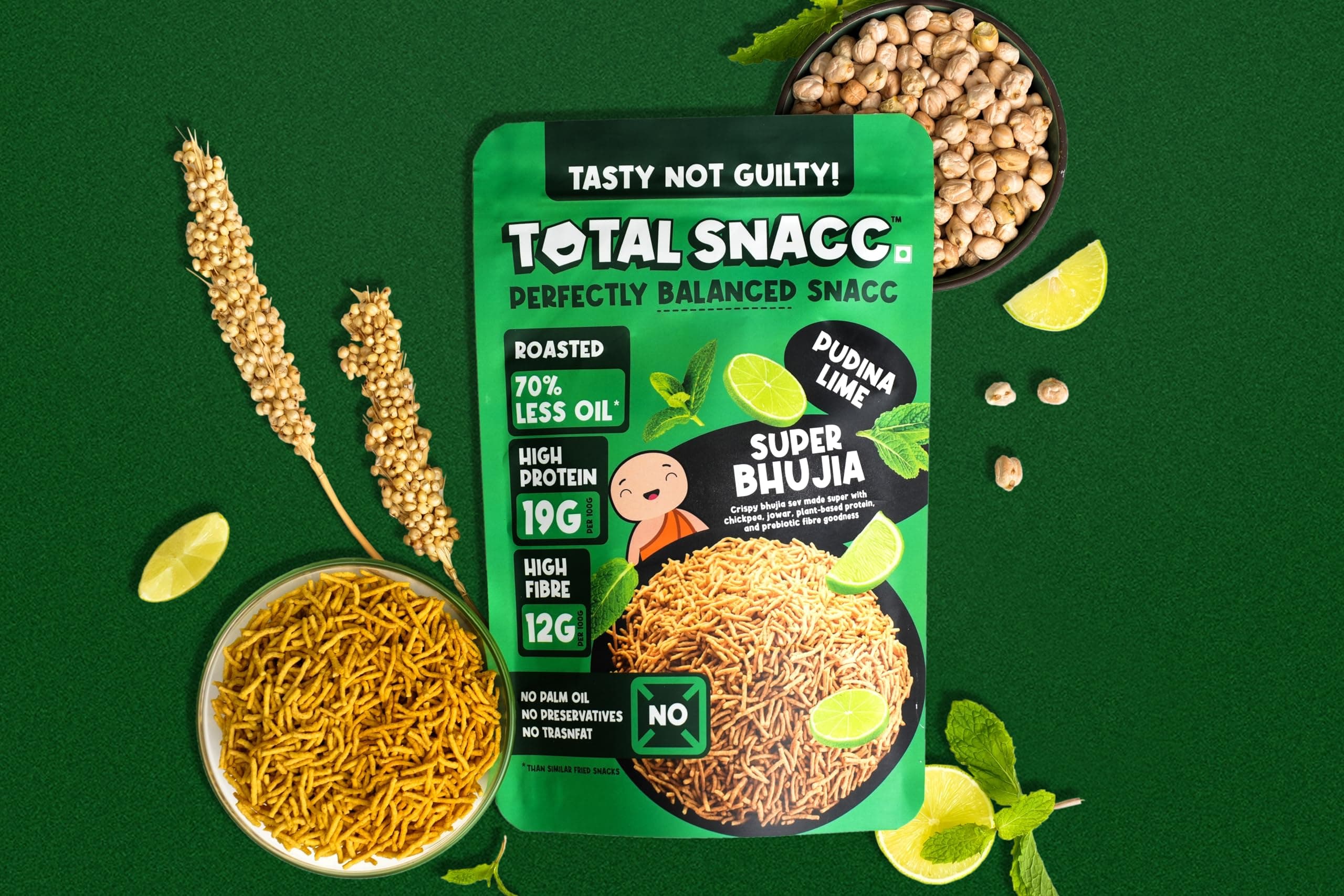TOTAL SNACC Tangy Lime Combo (125g x 2 Packs) | High Protein 19g | High Fibre 12g | Roasted Not Fried | 70% Less Oil | No Palm Oil | Lime Pudina Super bhujia & Lime Chilli Wholesome Jorgaram | Baked Namkeen | Baked Bhujia | Healthy Snacks | Millet Snacks | No Preservatives | Zero Cholestrol | Diabetic Friendly — image 6