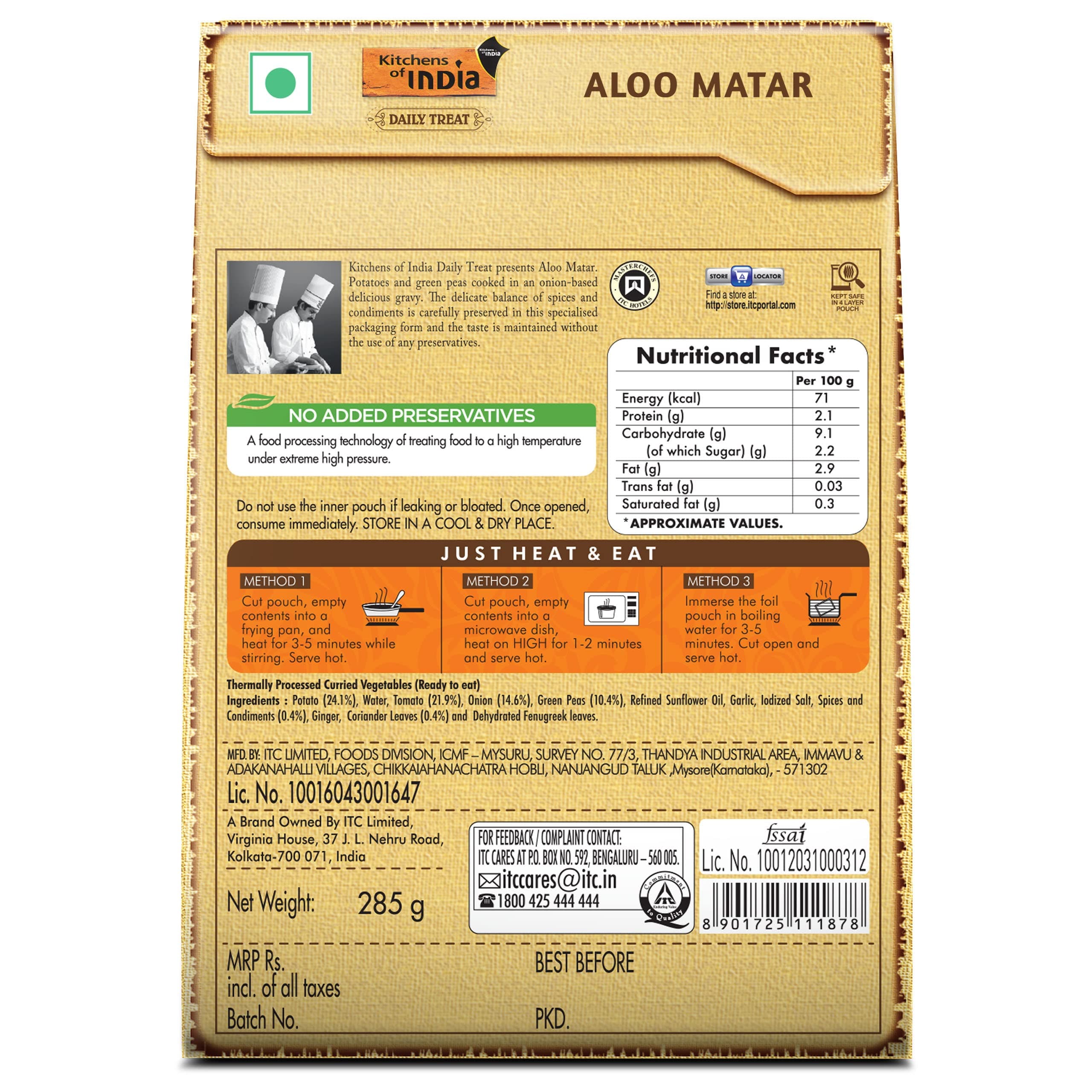 Kitchens of India Aloo Matar, ITC Ready to Eat Indian Food, Just Heat and Eat, Microwavable, 285g — image 2