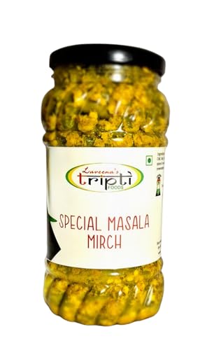 Laveena's Tripti SPECIAL MASALA MIRCH, carefully handcrafted with love by jain aunty! Rajasthani flavoured मट्ठा मिर्ची, green chilly pickle with less oil (Pack Of 1, 400 GR)