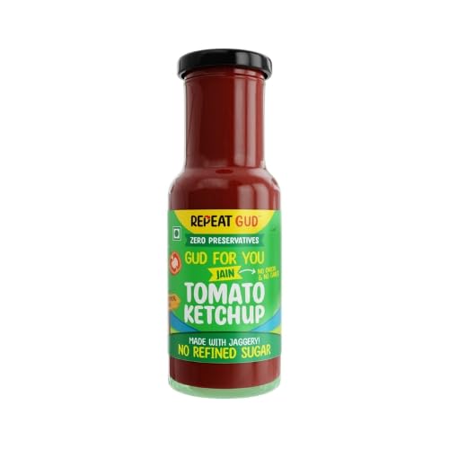 REPEAT GUD Jain Tomato Ketchup | No Garlic, No Onion, Made with Jaggery, 100% Natural Ingredients, No Refined Sugar, No Preservatives, No Chemicals, 100% Vegetarian | 225 gm (Pack of 1)