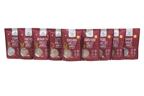 Immunit No Maida Assorted Millet Noodles, Pack of 9 (Ragi, Jowar, Little, Foxtail, Barnyard, Browntop, Kodo, Bajra, Emmer Wheat) | Vegan, Not Fried, No MSG, No Preservatives