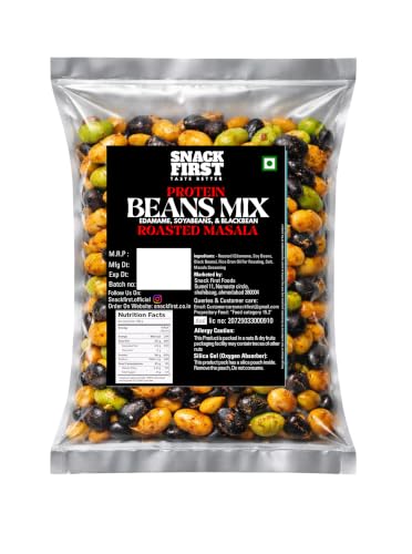 Snack First Roasted Protein Masala Beans Mix | No onion no garlic | no palm oil | 100G | 40G plant protein mixture | 3 In 1 mix | edamame, soyabeans, blackbeans | high protein | gym snack | healthy snack | crunchy & delicious | high fibre | minerals & vitamins |