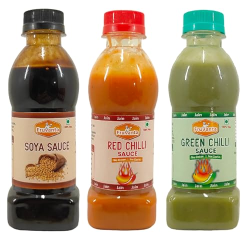 Fruvanta Jain Combo Without Onion/garlic/Potato Soya Sauce (200gm), green Chilli Sauce (200gm), Red Chilli Sauce (200gm) (Pack of 3)