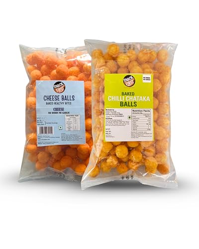 Snack First Baked Chilli Chataka Cheese Balls, Corn balls, Combo of 2, No Onion No Garlic, Jain, Puffed Snack, Corn Puffs, Healthy Snack, Namkeen, Each 80g