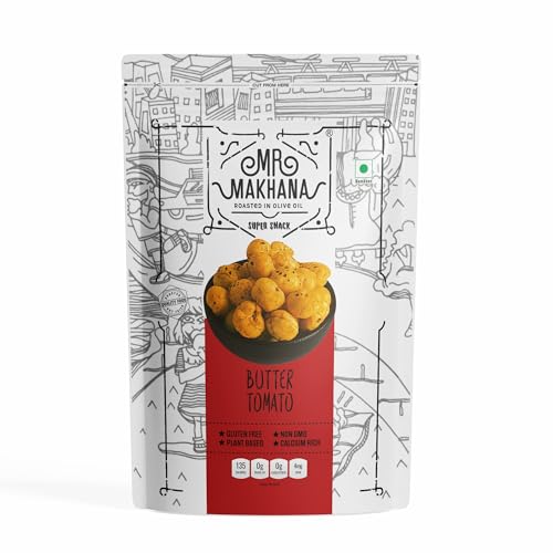 MR. MAKHANA Roasted Makhana and Foxnuts | Healthy Snacks | Gluten Free | MSG Free | Antioxidant | Rich Calcium | Zero Trans Fat | Zero cholesterol (Butter Tomato), 1 count 55g