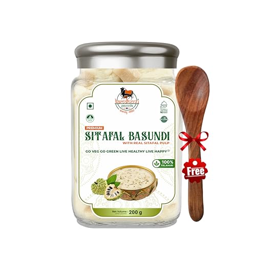Kamdhenu Premium Sitafal Basundi | Falahari Dessert with Real Custard Apple Pulp | Divine Fasting Delight | Ready to Eat | No Preservatives | Pure Jain | Vagitrain | Vegan | Lab Tested | Energic & Healthy | Premium Organic Glass Bottle ! No Use Plastic ! (200g Pack Of 1)