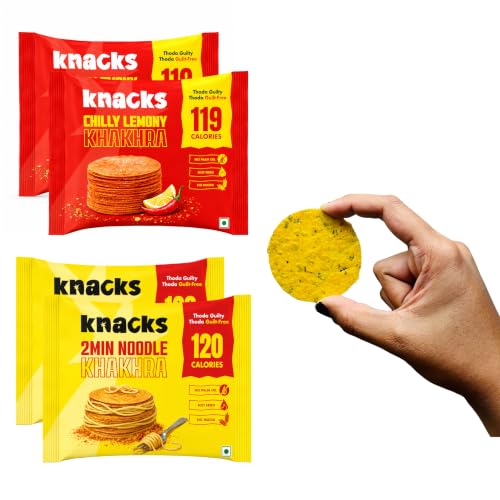 Knacks Masala Khakhra Pack | 2Min Noodle + Chilli Lemon Coin Khakhra, 6 x 30g | 119-120 Calories Per Pack | Healthy Snack Gift Box | No Palm Oil, No Maida, Not Fried | High Protein