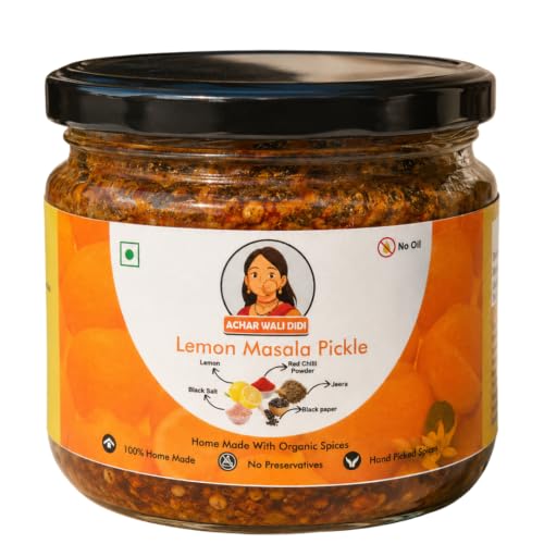 Achar Wali Didi Lemon Masala Pickle in Fresh | Indian Homemade Nimbu ka Achar with No Onion & Garlic | Sour and Salty Oil-Free Pickle | Traditional Didi's-Style Recipe | Organically Processed (300g)