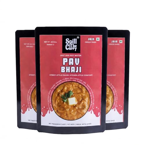 SPILL THE CURRY Mumbai Pav Bhaji Jain Ready to Eat | No Onion No Garlic | Authentic Street Food | Freeze Dried Instant Meal | Add Hot Water | Pure Ghee | Travel Friendly | Combo Pack of 3 (60g Each)