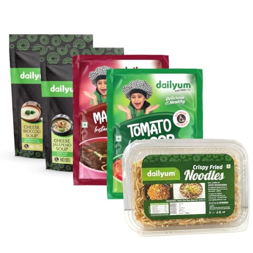 Dailyum Instant Soup Combo of 5| No Onion No Garlic | Manchow Soup 50g | Tomato Soup 50g | Cheese Broccoli Soup 50g | Cheese Jalepeno Soup 50g | Crispy Fried Noodles 200g| Jain