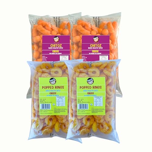 Snack First Baked Popped Ring Cheese(2) & Chitoz Cheese (2), Pack of 4, No Onion No Garlic, Jain, Puffed Snack, Corn Puffs, Healthy Snack, Namkeen, Each 80g