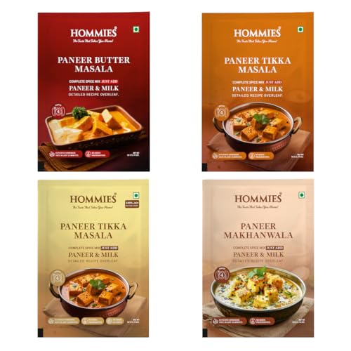 Hommies Dhaba Style Paneer Curry Spice Mix Combo (4 Varieties) | Butter Masala, Makhanwala, Tikka Masala & Tikka Masala Jain | Ready to Cook in 15 Mins | Just Add Paneer & Milk | Shahi Curry with Cashew Nuts | No Preservatives | Pack of 4 (50g Each, Total 200g) (Combo of 4-2)