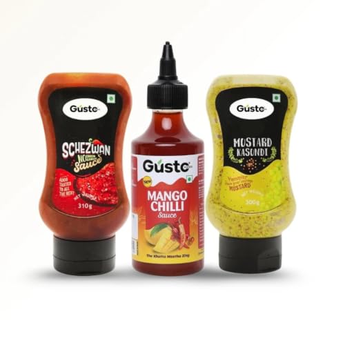 Gusto Foods No Onion No Garlic Combo (Schezwan Sauce, 310gm + Mustard Kasundi, 300gm + Mango Chilli, 240gm) | No chopping, grinding | No extra prep needed | Versatile spicy‑sauce pack