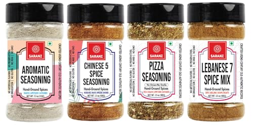 SARANZ Exotic Seasoning Combo (Lebanese 7 Spice, Pizza Mix Jain, Chinese 5 Spice Jain & Aromatic Powder) | Middle Eastern & International Blends | For Snacks, Vegan Dishes, Pizza & Marinades | 4x100g Sprinkler Jars