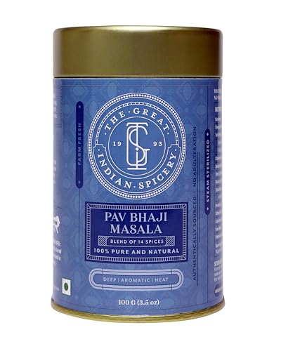 The Great Indian Spicery | Pav Bhaji Masala - 100gm Tin | Steam Sterilisation, Farm Fresh, Authentic Blend of 14 Spices, Non-Adulterated, No Added Color & Preservative | Deep & Aromatic Home Cooking
