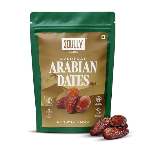 Soully Arabian Dates 400g | Premium Arabian Khajoor | High in Fibre Arabian Dates | No Added Sweeteners or Preservatives | Healthy Snacks khajur | Healthy Dates for Snacking & Recipes | Dry Fruits