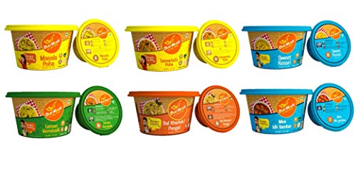 Ready to Eat Breakfast Food Jain Special -Tasty & Healthy Eat Food Products (Pack of 6, 100G Each)Masala Poha, Tamarind's Poha, Sweet Kesari, Lemon Vermicelli, Dal Khichdi (Pongal), Mini Idli Sambar