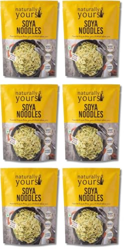 Naturally Yours Soy Hakka Noodles | Soybean & Wheat Protein | No Maida, No Onion No Garlic, Jain Friendly, Vegan, Preservative Free, No MSG | High Protein & Fiber | Tastemaker Inside | 180g Pack of 6