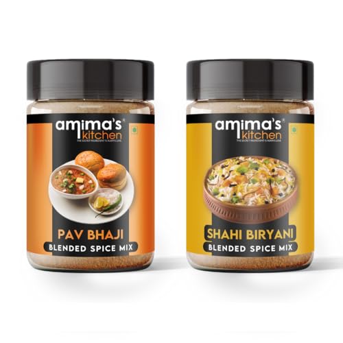 Amima's Kitchen Pav Bhaji Masala + Shahi Biryani Masala Powder Combo Pack (No Onion No Garlic) – 100 Grams (Pack of 2) | Blended Jain Spice Mix | No Synthetic Flavour & Color | Ready Masala Powder