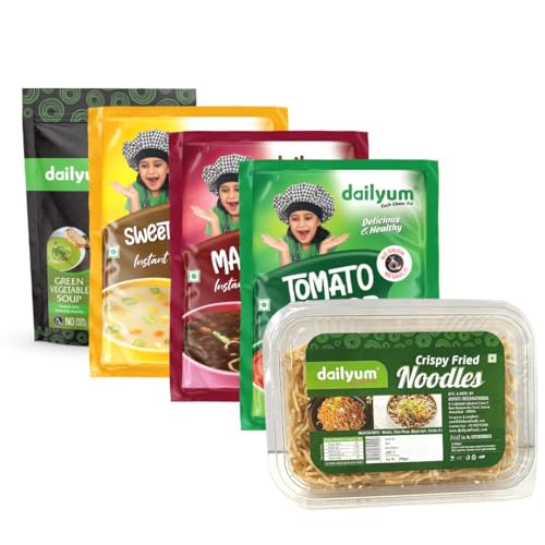 Dailyum Instant Soup Combo of 5 | No Onion No Garlic | Manchow Soup 50g | SweetCorn Soup 50g | Tomato Soup 50g | Green Veg. Soup 50g | Crispy Fried Noodles 200g| Jain