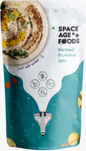 Space Age Foods | Jain Friendly - Herbed Hummus Powder | Instant Healthy Dip Mix | Pack of 1 Makes 250g Creamy Hummus (75g Dry) | 3-4 Servings | High Protein & Vegan Friendly | No Preservatives, Additives, Colours or Fillers | Authentic Mediterranean Flavour | Ready in 1 Minute – Just Add Water & Mix | Jain-Friendly Recipe (No Onion, No Garlic)