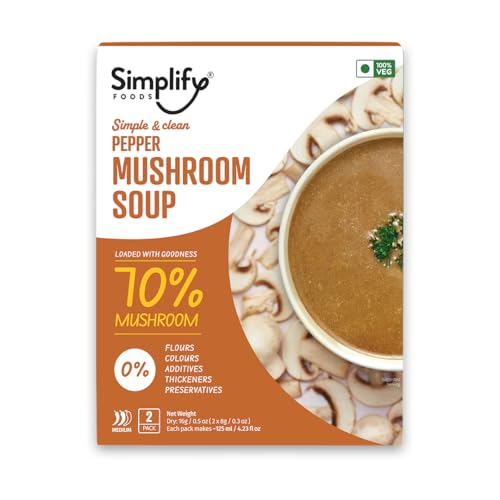 Simplify Foods Pepper Mushroom Instant Soup | Pack of 2 Single-Serve Sachets (Each Makes ~125 ml) | Made with 70% Real Mushroom & Cracked Pepper | Just Add Hot Water | Travel-Friendly | Clean Label | 0% Additives or Preservatives