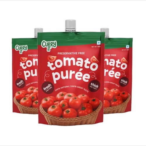 CURRYiT Tomato Puree | Made With 100% Fresh Hand Picked Tomatoes | No onion & Garlic | Tomato Paste For Cooking Pasta & Curries | No Added Preservatives or Colors | Pure & Natural (100g x 3) 300g