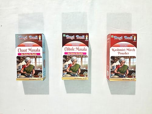 Desi Dadi Premium Indian Spice Combo, Chaat Masala, Chhole Masala, Kashmiri Mirch Powder, No Onion No Garlic, 100g Each