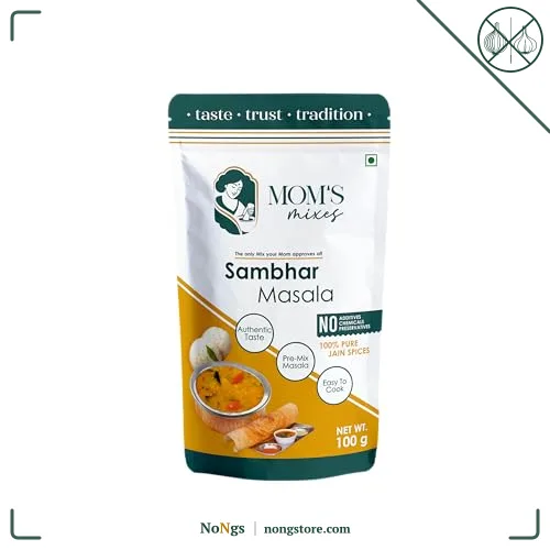 Mom’s Mixes Sambhar Masala | Pure Jain Spices | Pre-Mix Masala | No Onion No Garlic | Bold South Indian Taste | No MSG | No Preservatives | No Added Colours | Complete Spice Blend for South Indian Sambhar |100g