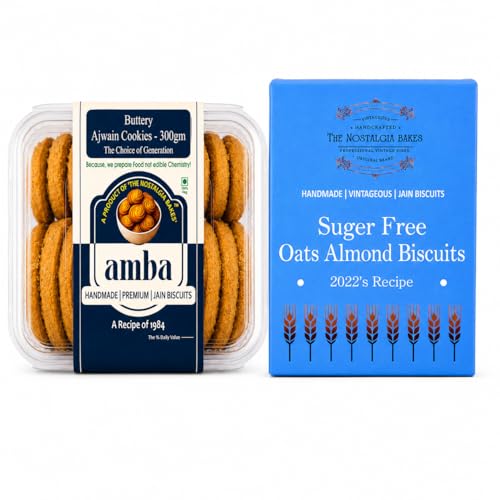 Amba Handmade Premium Biscuit Combo | Buttery Ajwain Cookies 300g & Sugar Free Oats Almond Biscuits 200g | Crunchy Tea Time Snacks | Healthy Jain Cookies | No Palm Oil | Perfect with Tea & Coffee