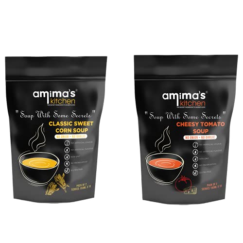 Amima's Kitchen Combo Of Classic Sweet Corn + Cheesy Tomato Jain Soup (No Onion No Garlic) - 100 Grams (Pack of 2) | Instant Soup Mix Powder | Ready To Cook | No Artificial Flavour & Colour | Gluten Free | Non GMO | Healthy Soup