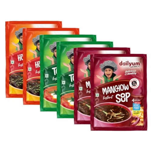 Dailyum Instant Soup Combo Of 6 | No Onion Garlic | 2 Manchow Soup | 2 Tomato Soup | 2 Hot N Sour Soup | Natural | No MSG | Jain | 50g Each