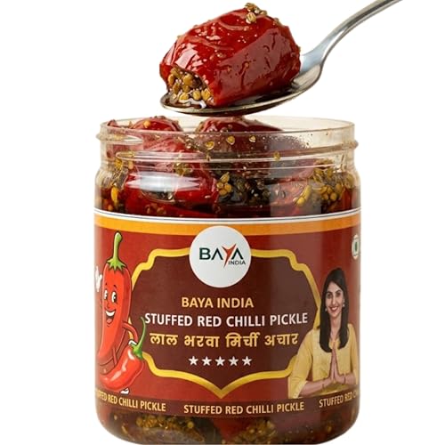 Baya India Homemade Stuffed Red Chilli Pickle | Bharwa Lal Mirch Achar 700g | Traditional Recipe | No Preservatives | Spicy & Tangy | Handcrafted in India | No Garlic No Onion (700g)