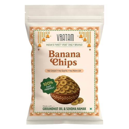 Vratam Banana Chips | Thinnest Fasting Wafers for Navratri | Pure Vrat Friendly Sendha Namak Banana Chips | No Onion No Garlic No Palm Oil | Healthy Jain Friendly Snacks Namkeen | 60G (pack of 1)