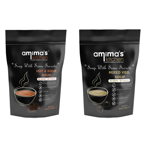 Amima's Kitchen Combo Of Hot & Sour + Mixed Veg. Jain Soup (No Onion No Garlic) - 100 Grams (Pack of 2) | Instant Soup Mix Powder | Ready To Cook | No Artificial Flavour & Colour | Gluten Free | Non GMO | Healthy Soup