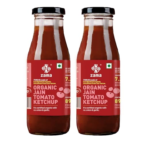 Zama Organic Jain Tomato Ketchup 300g Pack of 2 Glass Bottles | No Onion No Garlic Tomato Sauce | Made from Real Tomatoes, Tangy Rich Taste | No Preservatives, Traditionally Produced | For Snacks & Meals