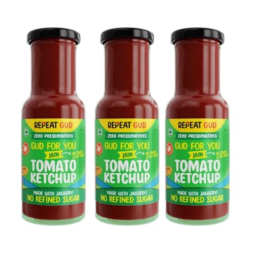 REPEAT GUD Jain Tomato Ketchup | No Garlic, No Onion, Made with Jaggery, 100% Natural Ingredients, No Refined Sugar, No Preservatives, No Chemicals, 100% Vegetarian | 225 gm (Pack of 3)