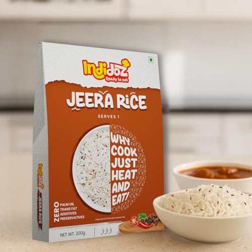 Indidoz Jeera Rice Ready to Eat | Fragrant Basmati Rice Cooked with Cumin Seeds | Authentic Indian Flavoured Rice | Heat & Eat Meal | No Preservatives | 200g