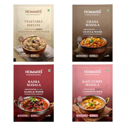 Hommies Mixed Curry Spice Combo (Pack of 4) | Vegetable Biryani, Chana/Chole Masala, Rajma Masala & Kaju Curry Masala | Ready to Cook | Just Add Basics | Serves 4 Each | Vegetarian | No Preservatives| Pack of 4 (50g Each, Total 200g) (Combo of 4-3)