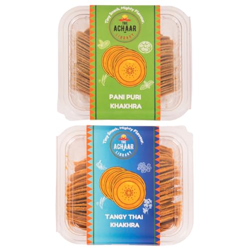 Thai & Pani Puri Mini Khakhra Combo Pack Of 2 by THE ACHAAR LIBRARY | Whole Wheat Crisps | Bite-Sized | (180 grams each, Pack of 2)