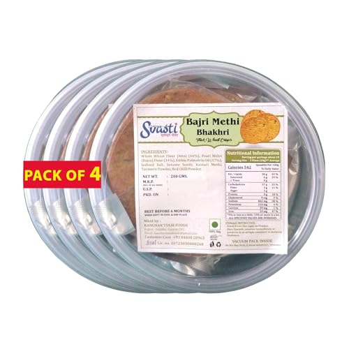 Svasti Dry Whole Wheat Bajri Methi Bhakhri Snacks - 200 gms (Pack Of 4) | Roasted Healthy Gujarati Snacks | No Maida | No Artificial Colours | No Onion & No Garlic | Vacuum Packed