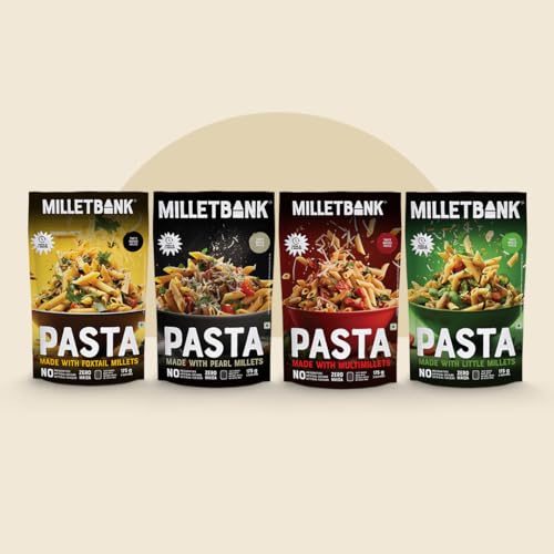 Millet Bank All Pasta Combo | No Preservatives, No Artificial Colors or Flavours | ZERO Maida | 175g | Made with Millets and Whole Wheat | Baby Friendly Pasta Flavor Combo 4 nos