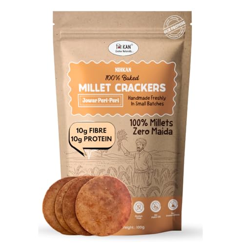 NIHKAN Jowar Millet Crackers - Gluten free | No Maida | High protein | High Fibre - Handmade & baked chai time guilt free snacks - Healthy Millet Snack - No Preservatives & No Baking soda - 100g each (Jowar Peri-Peri Flavour)