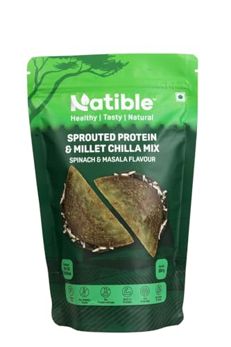 Natible Sprouted Protein & Millet Chilla Dosa Mix (Spinach Masala) Instant Breakfast Meal I Gluten Free I High Protein I No Onion No Garlic I Suitable for Kids & Adults I Travel Friendly 200g