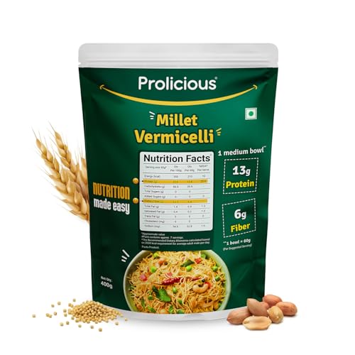 Prolicious Millet Vermicelli | Upgrade Your Breakfast | 13g Protein + 7g Fibre | Little Millet, Durum Wheat & Defatted Peanut Flour | No Maida, Not Fried | Ready in 3 Steps | For Upma, Kheer, Payasam & More | 400g